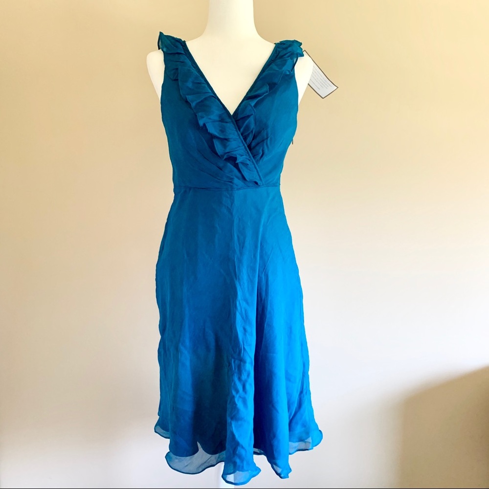 J Crew 100% Silk Teal Blue Ruffle Dress 4